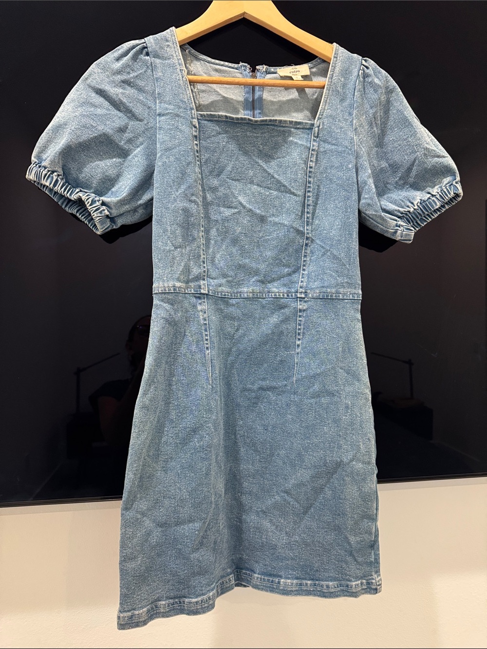 entro Light Blue Denim Mini Dress with Puff Sleeves
